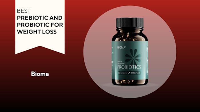 An image of a bottle of Bioma probiotics against a red background.